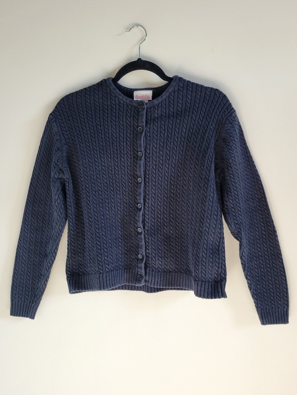 Crystal Kobe Vintage Black Cable Knit Cardigan Sweater 100% Cotton Womens Medium